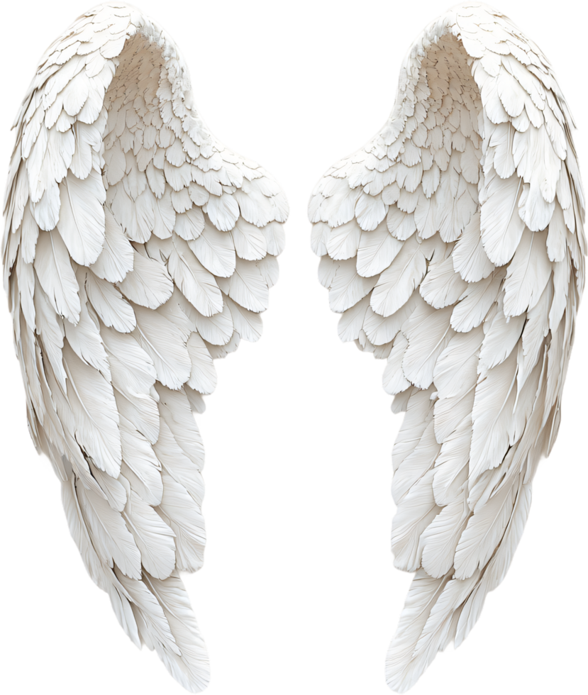 A pair of ethereal white wings, crafted with detailed feathers, convey freedom, purity, and a celestial presence against a dark background. png