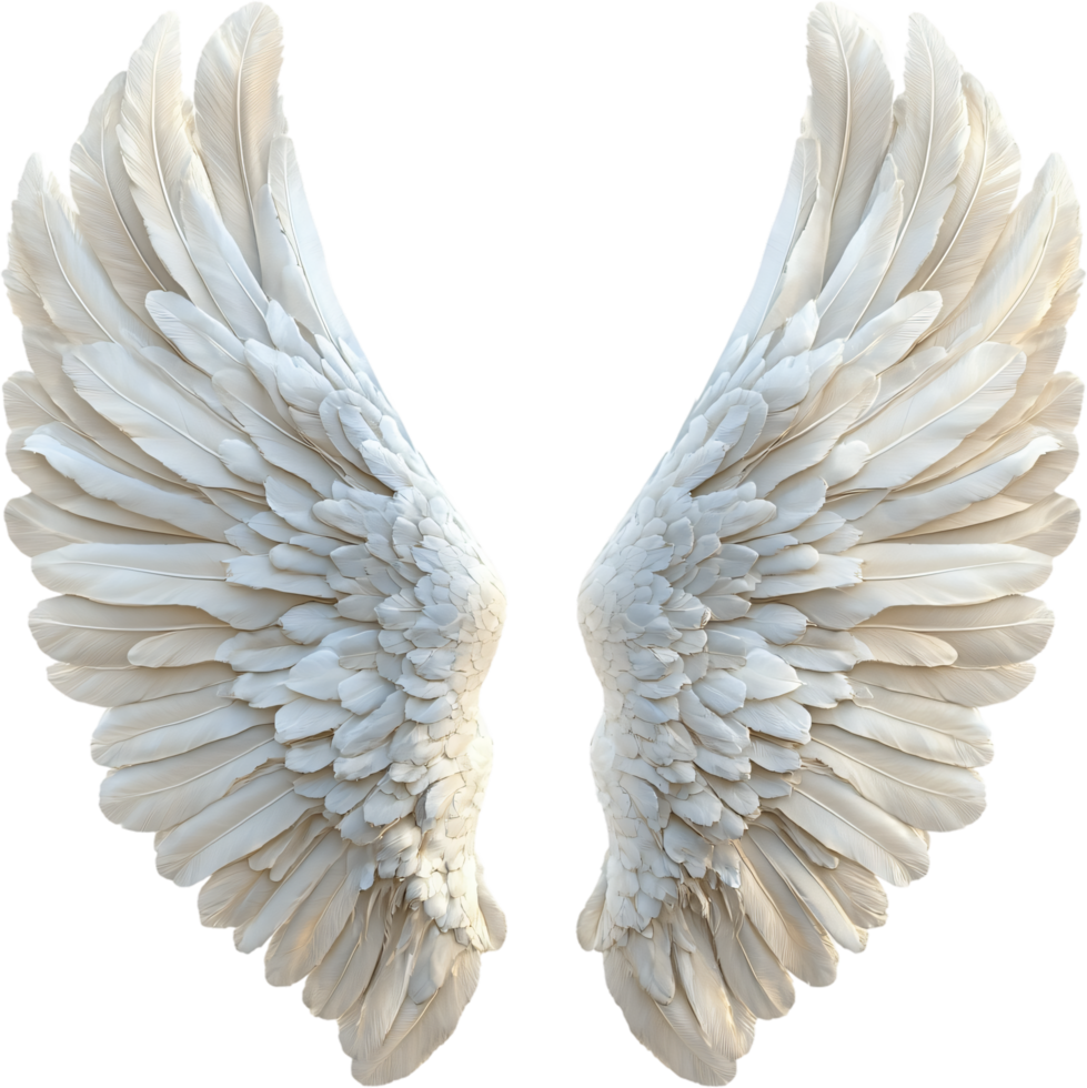 A pair of intricately detailed white wings, layered with countless feathers, spread wide against a dark background, evoke a sense of ethereal grace. png