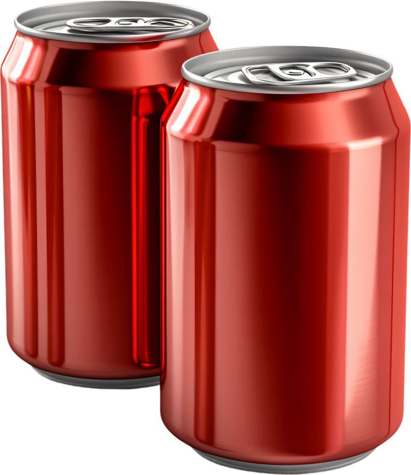 Two sleek, red beverage cans stand ready to quench your thirst, offering a refreshing taste. Isolated cans against a stark black background. png