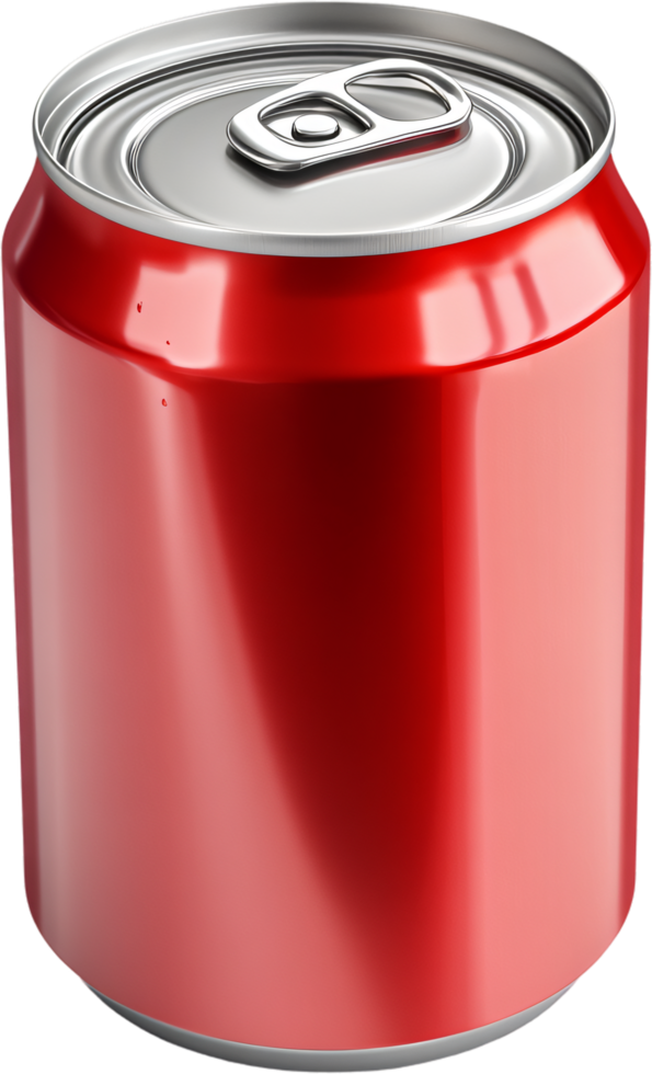A vibrant, sleek red beverage can with a silver top, capturing the essence of refreshment and modern design, enticing thirst and appealing to the eye. png