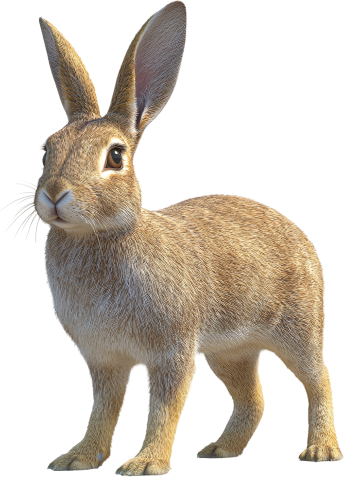 A realistic full-body shot of a light-brown rabbit with long ears, standing on a dark background, showcasing its textured fur. png
