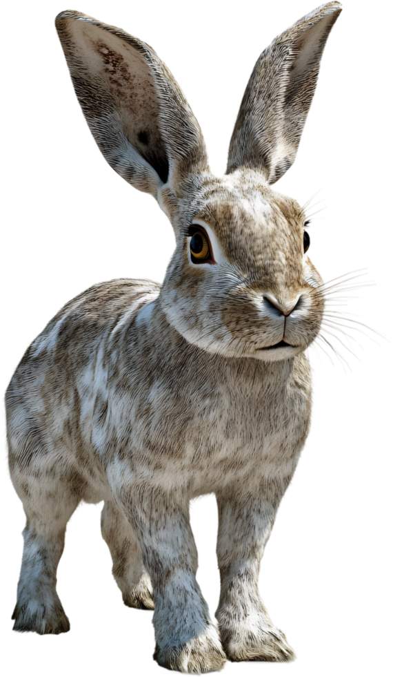 A light-colored rabbit stands against a black background, showcasing its soft fur and large ears in a poised pose. The cute face is visible. png