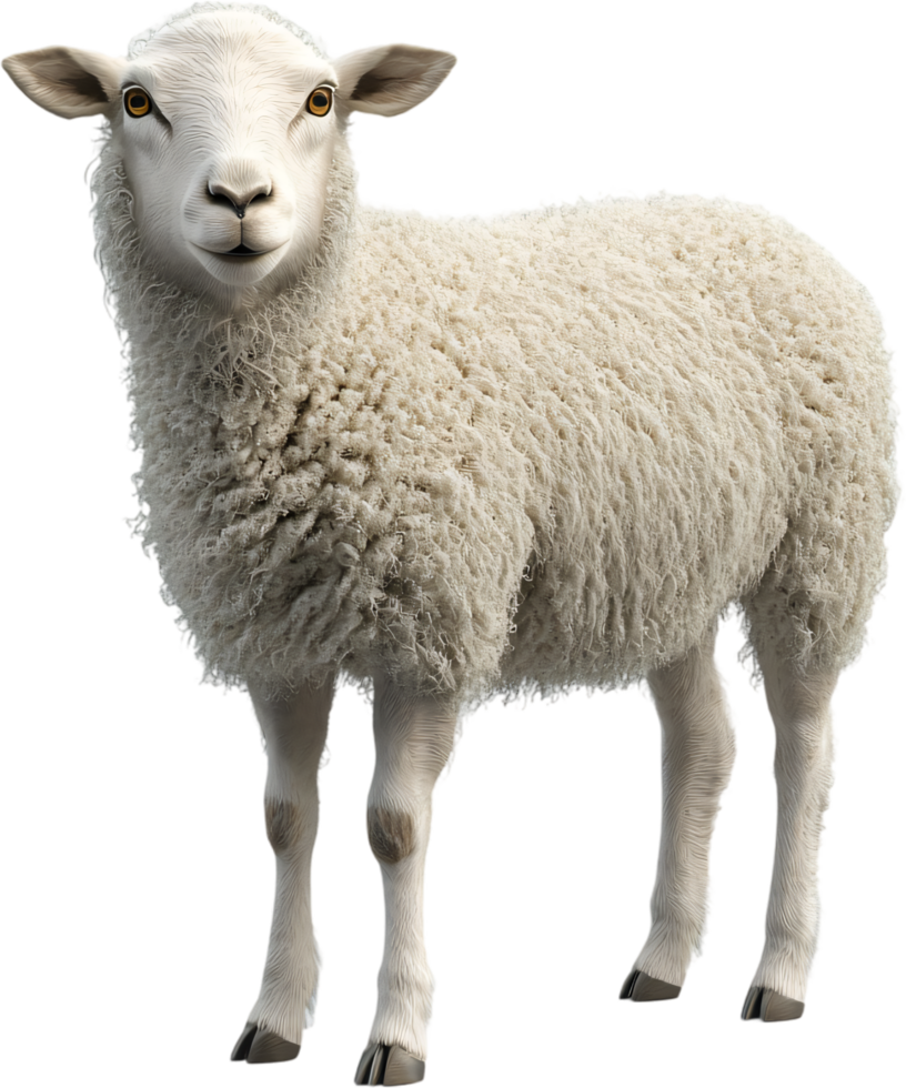Fluffy white sheep standing isolated against black background with inquisitive expression looking directly into the camera with amber eyes. png