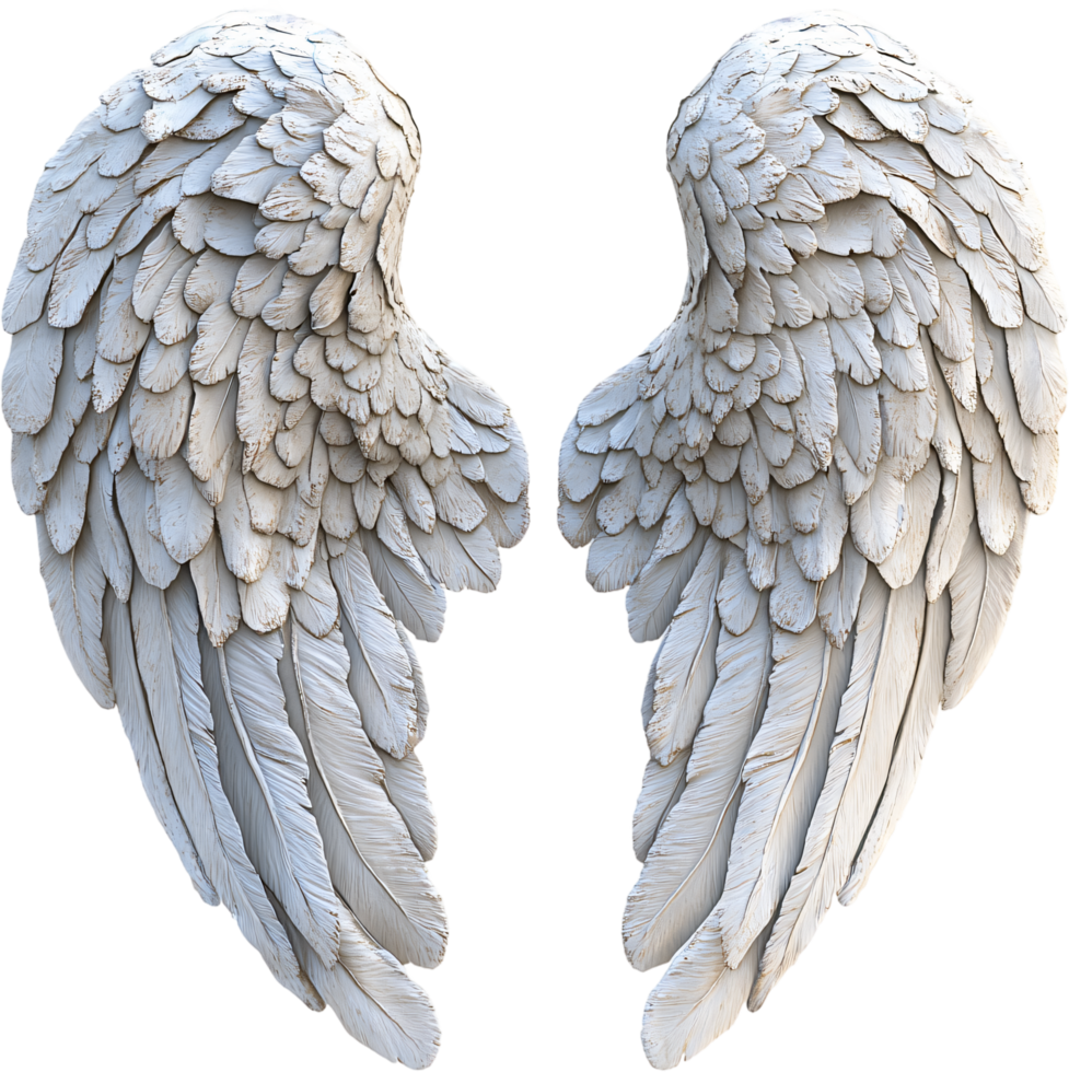Two detailed, ornate wings with many layers of feathers. They appear sculpted or crafted, rendered in a pristine off-white hue, and symmetrical. png