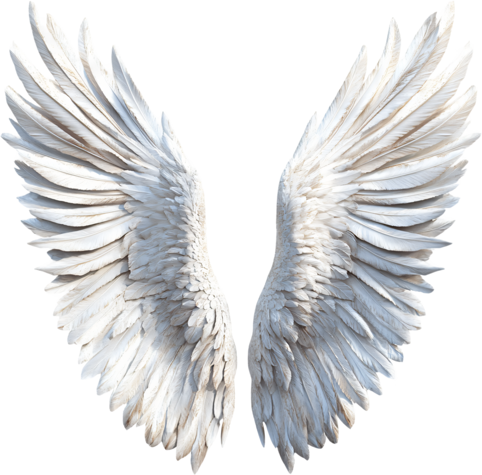 Majestic wings, pristine white feathers, poised for flight, embodying freedom and lightness against a dark backdrop. Angelic grace. png