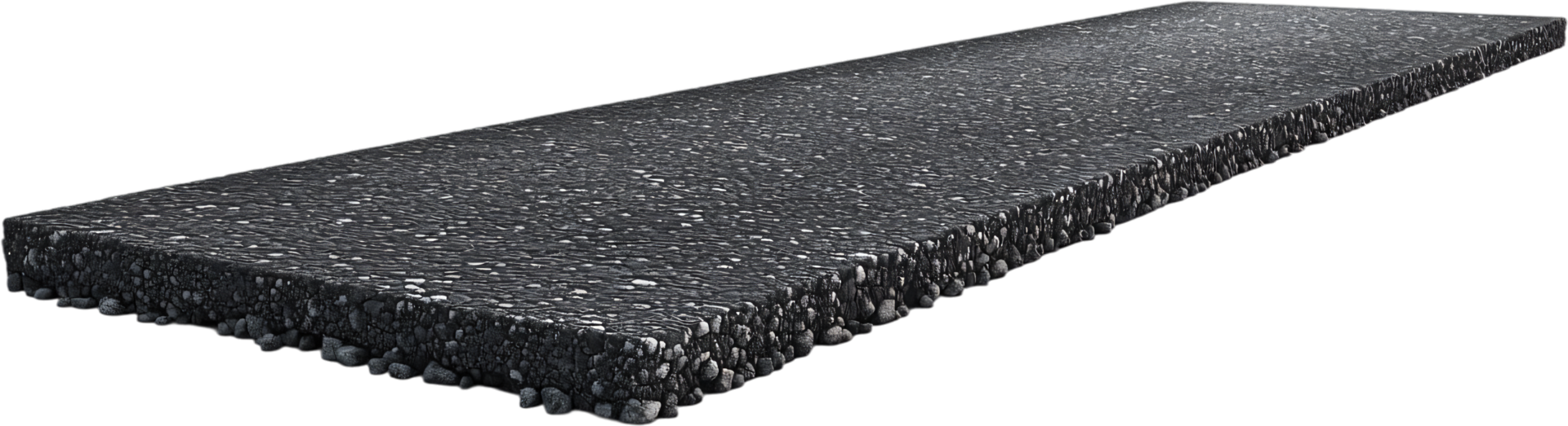 Close-up view showcases a rectangular chunk of asphalt, revealing intricate details of aggregate and texture against a stark black backdrop. png