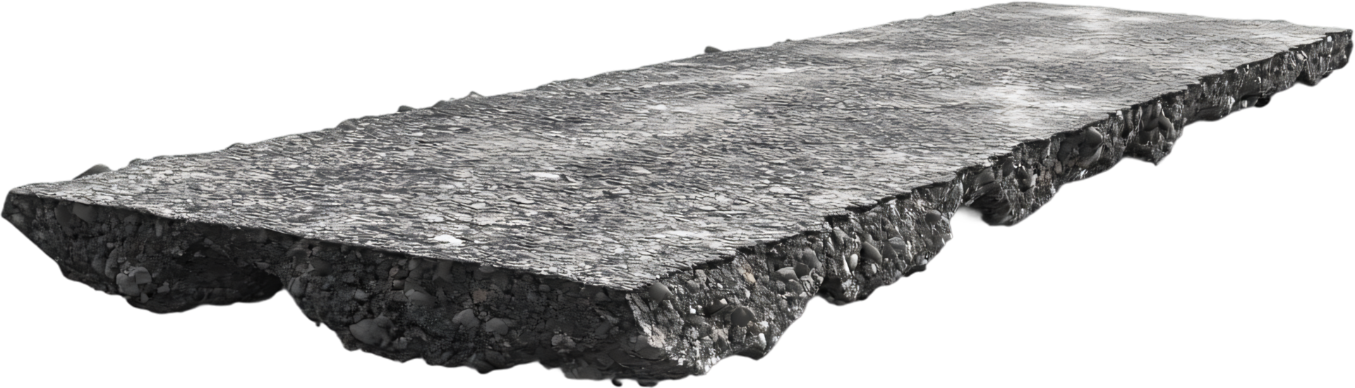 A slab of cut asphalt is displayed against a black backdrop, showing rough edges and a textured surface, emphasizing construction materials. png