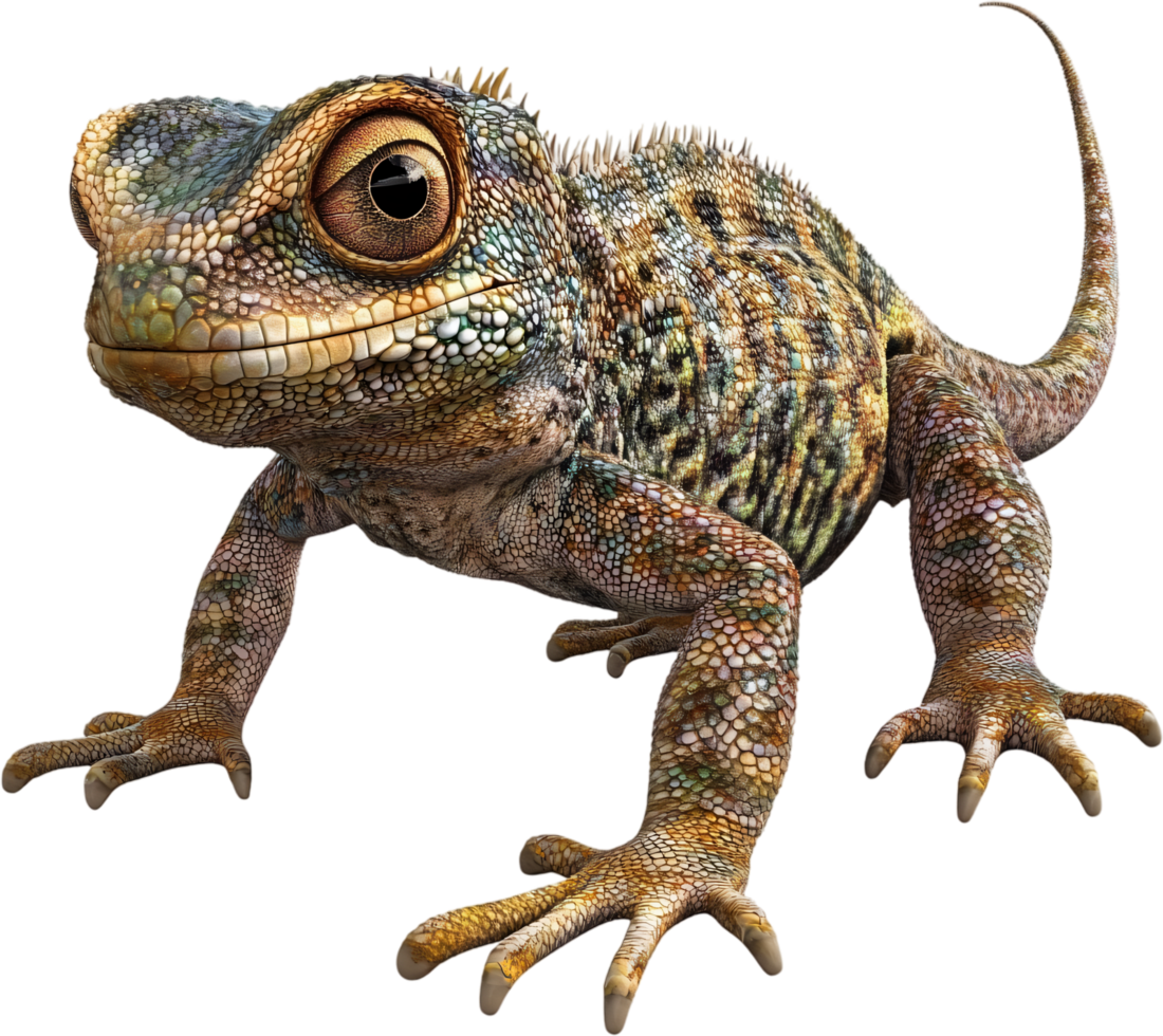 A lizard with amazing camouflage patterns is shown close up, its scaled skin is brown, green, and beige, and its eye are large and brown. png
