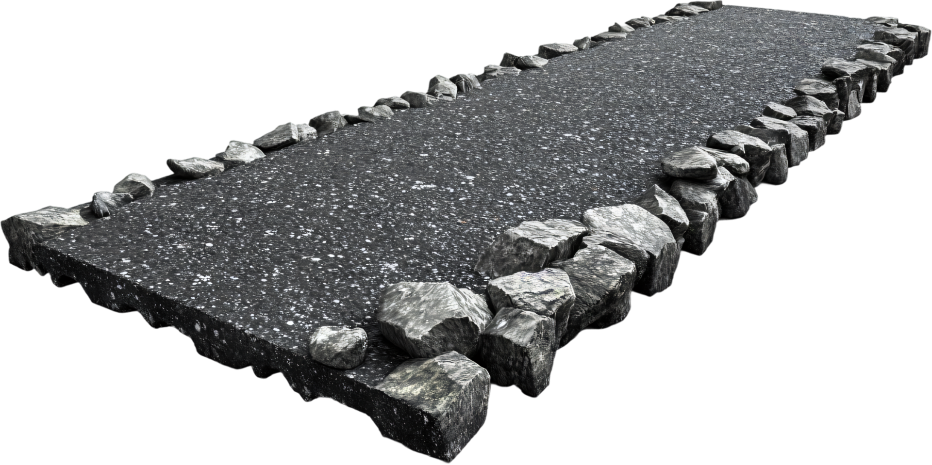 A paved pathway is bordered with natural gray stones. The paths dark surface contrasts with the stone borders creating visual interest. png