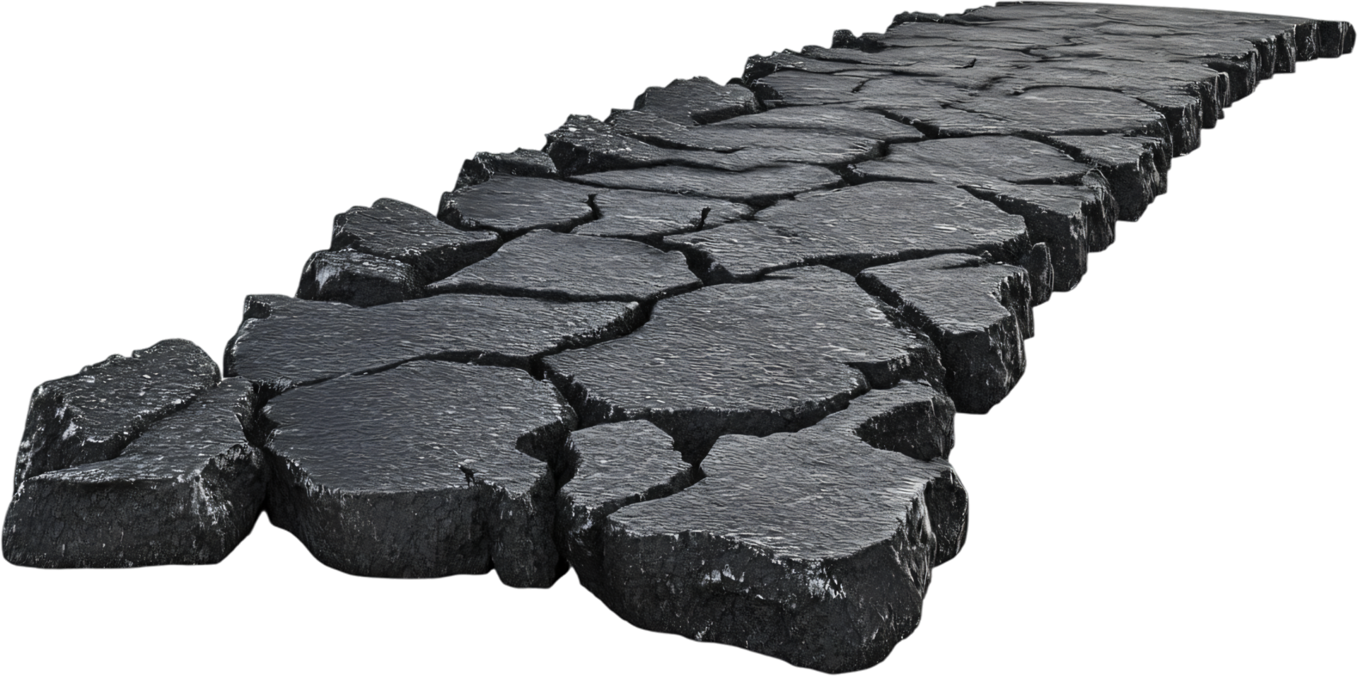Cracked rock path, a rugged stone trail leading forward, evoking a sense of adventure and challenging journeys on a dark background. png
