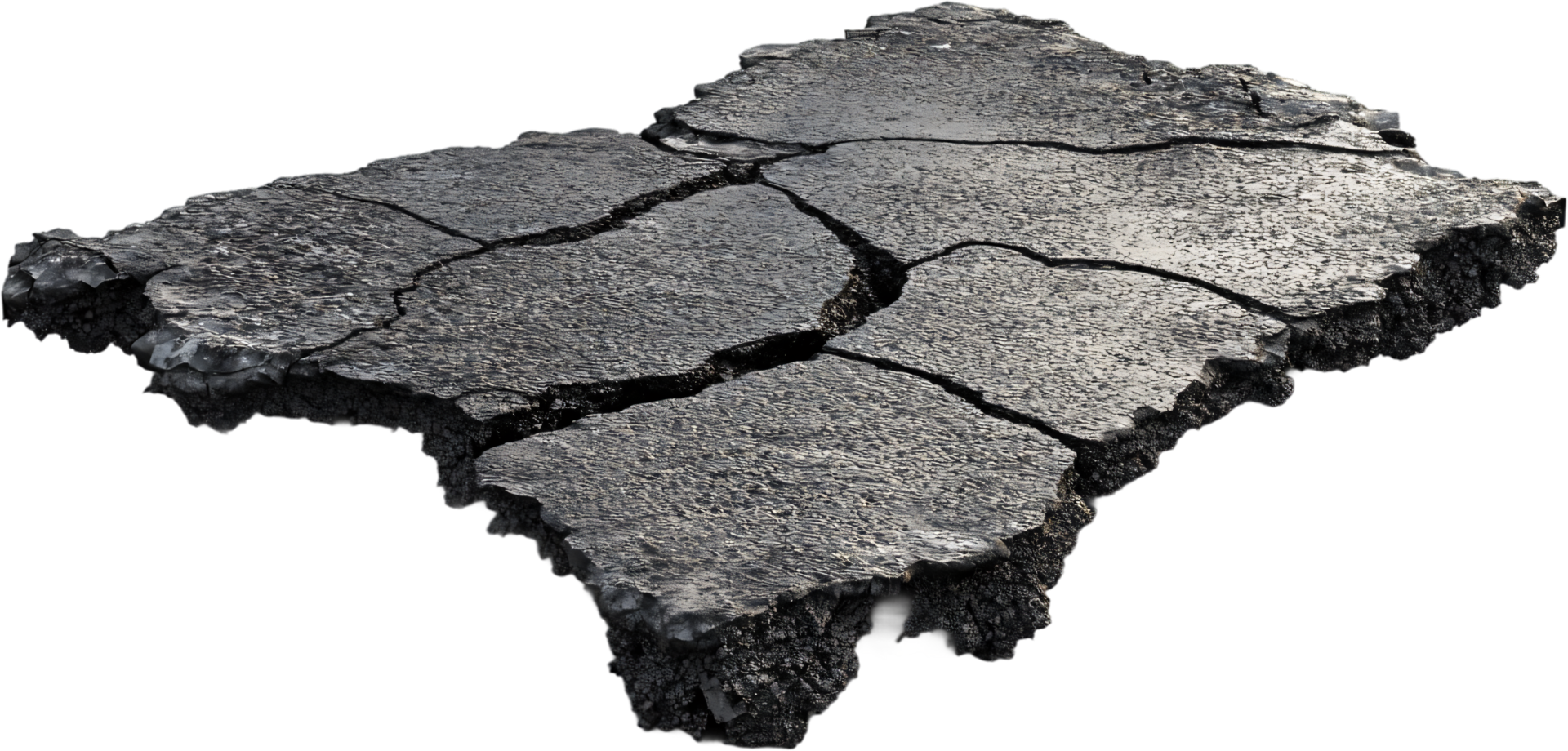 Cracked fragment of pavement with a grainy texture and sharp edges, highlighting the wear and tear of infrastructure and asphalt decay. png