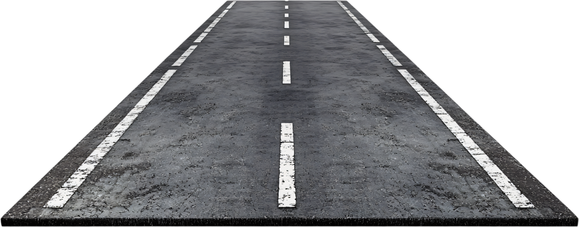 Asphalt road stretching into the distance with white dashed lines, emphasizing depth and a sense of travel and endless possibilities. png