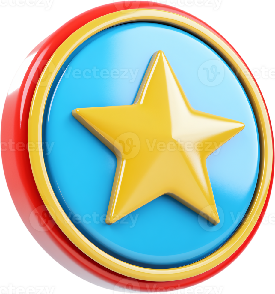 Bright 3D star icon with a blue center, encased in a yellow ring and vibrant red border against a dark background for visibility. png