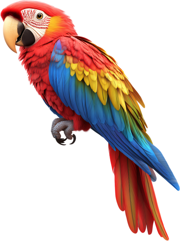 A vibrant parrot with striking red, yellow, and blue plumage perches gracefully against a dark background, showcasing nature's artistry. png