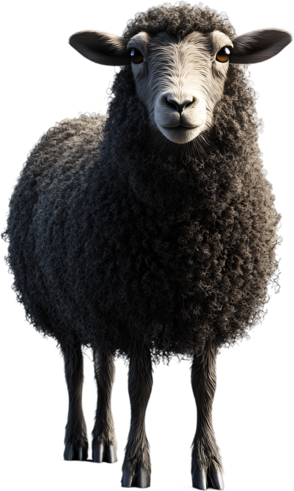 A striking portrait showcases a fluffy, dark sheep against a stark black backdrop, highlighting its textured fleece and gentle eyes. png