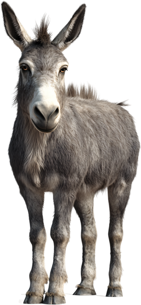 Standing portrait of a grey and white donkey with long ears, a short mane and a friendly expression looking straight at the viewer png