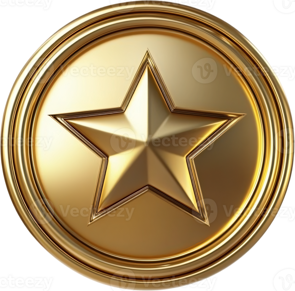 Shiny gold coin with a star at the center, radiating opulence and achievement. png