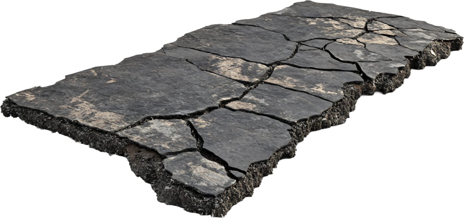 Cracked asphalt slab with visible cross-section, revealing layers and damage, suggesting age, neglect, or environmental impact. png