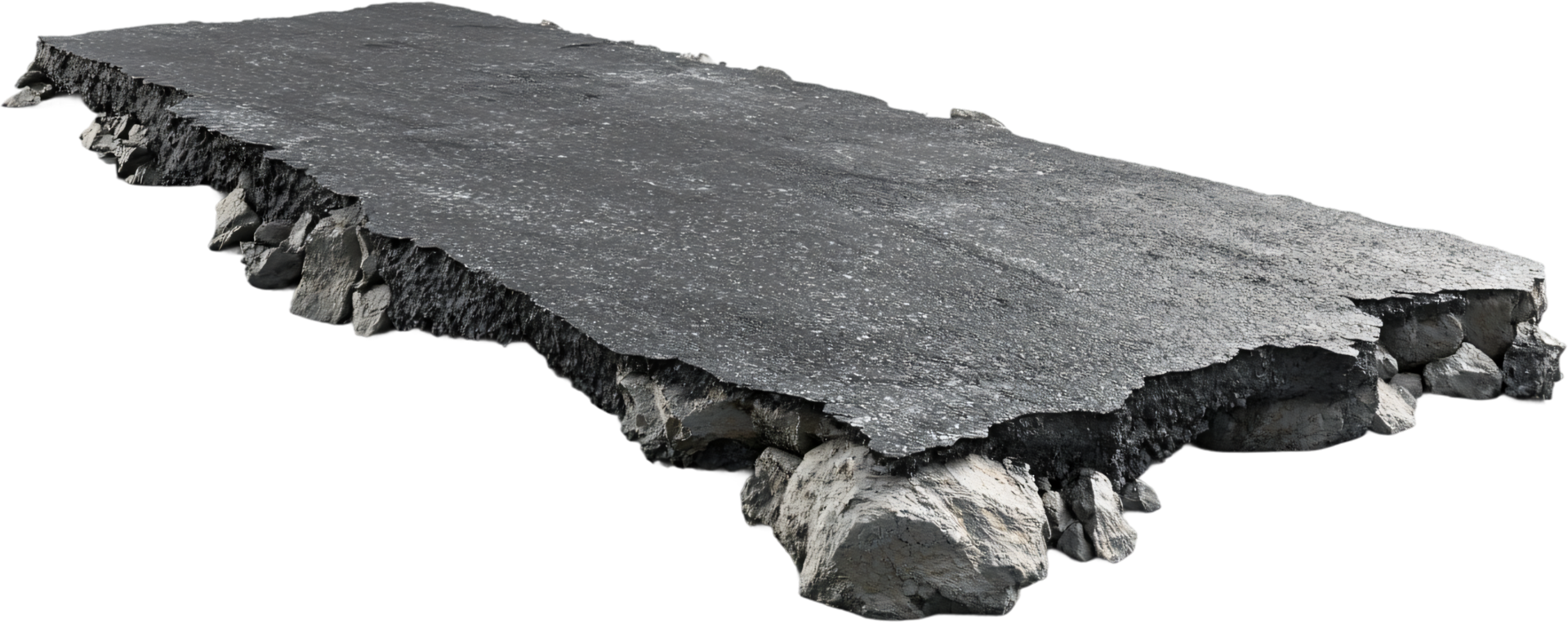 Section of asphalt road with visible layers of material underneath, edges are rough. It suggests infrastructure work or erosion. png