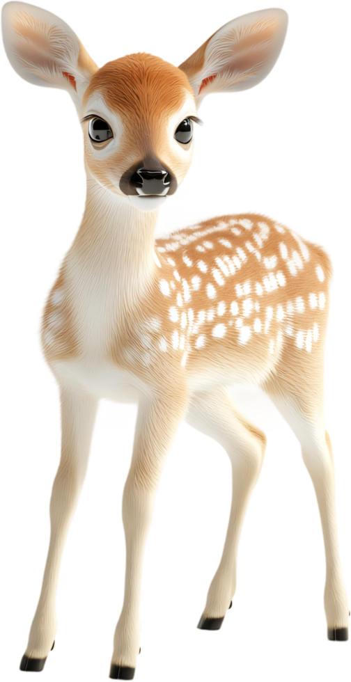 A digitally rendered fawn stands against a black backdrop, its fur a blend of light beige and brown, adorned with white spots, cute animal. png