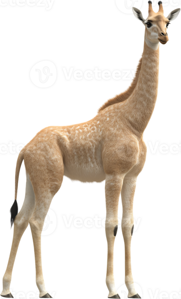 A digitally rendered image showcasing a young giraffe with a pale coat, standing tall against a dark background, emphasizing its distinct form. png