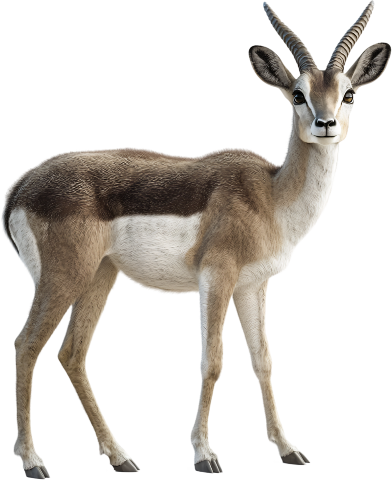 Elegant gazelle portrait, Standing tall with its slender legs, a majestic creature gazes directly at the viewer, radiating natural beauty. png