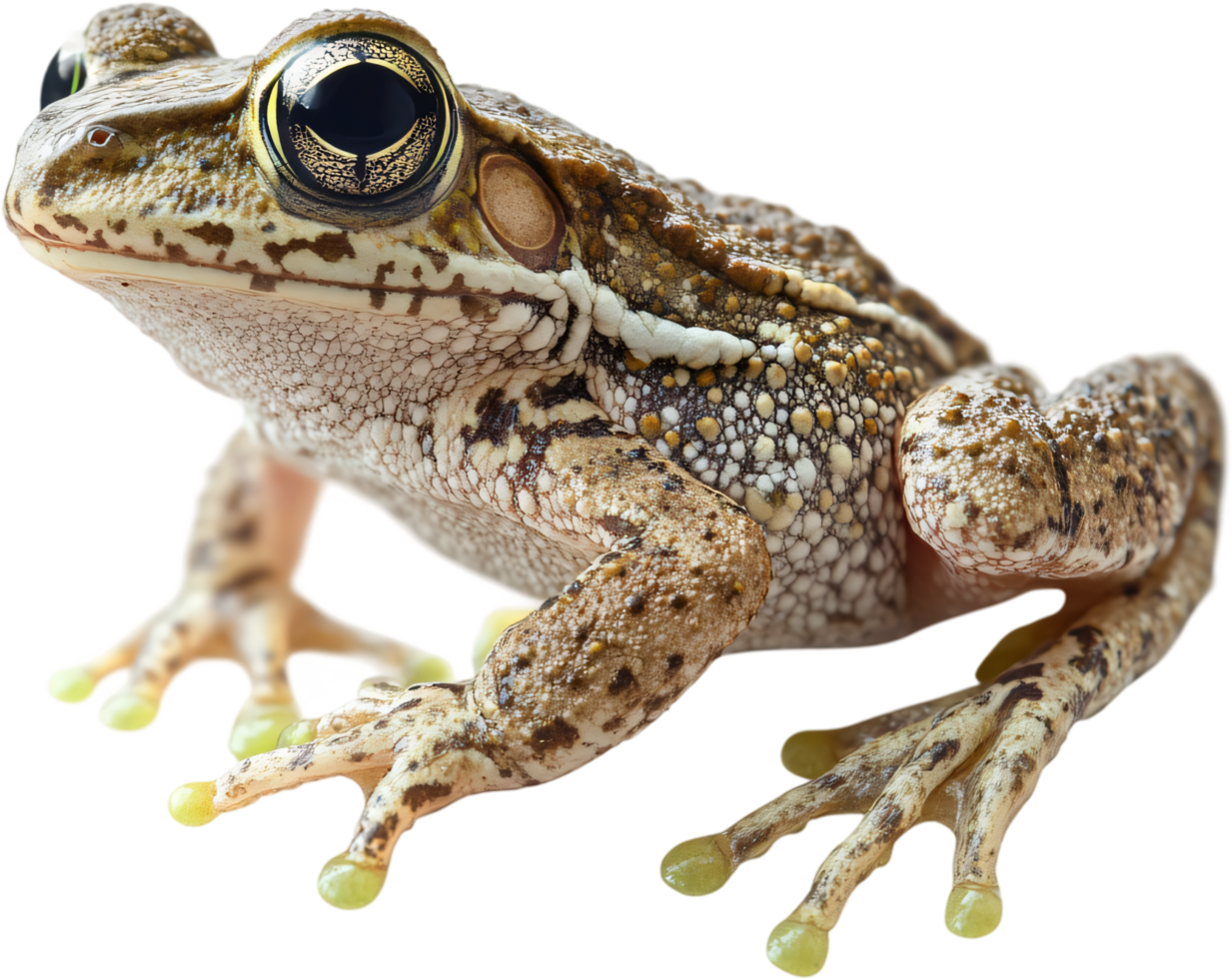 Detailed studio shot of a patterned frog. Beautiful texture and details of the frog's skin are visible in this image. png