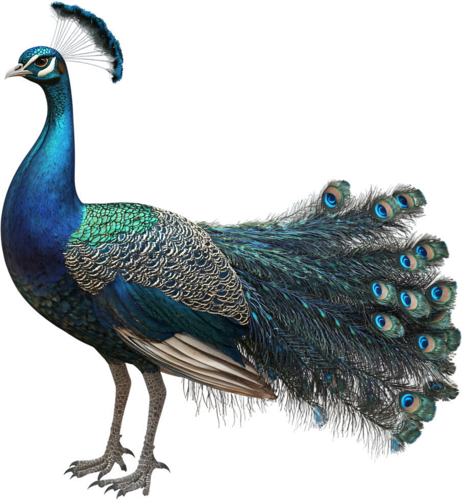 Elegant Peacock Portrait. A stunning profile captures this bird's vibrant blue and iridescent green plumage, showcasing nature's artistry. png