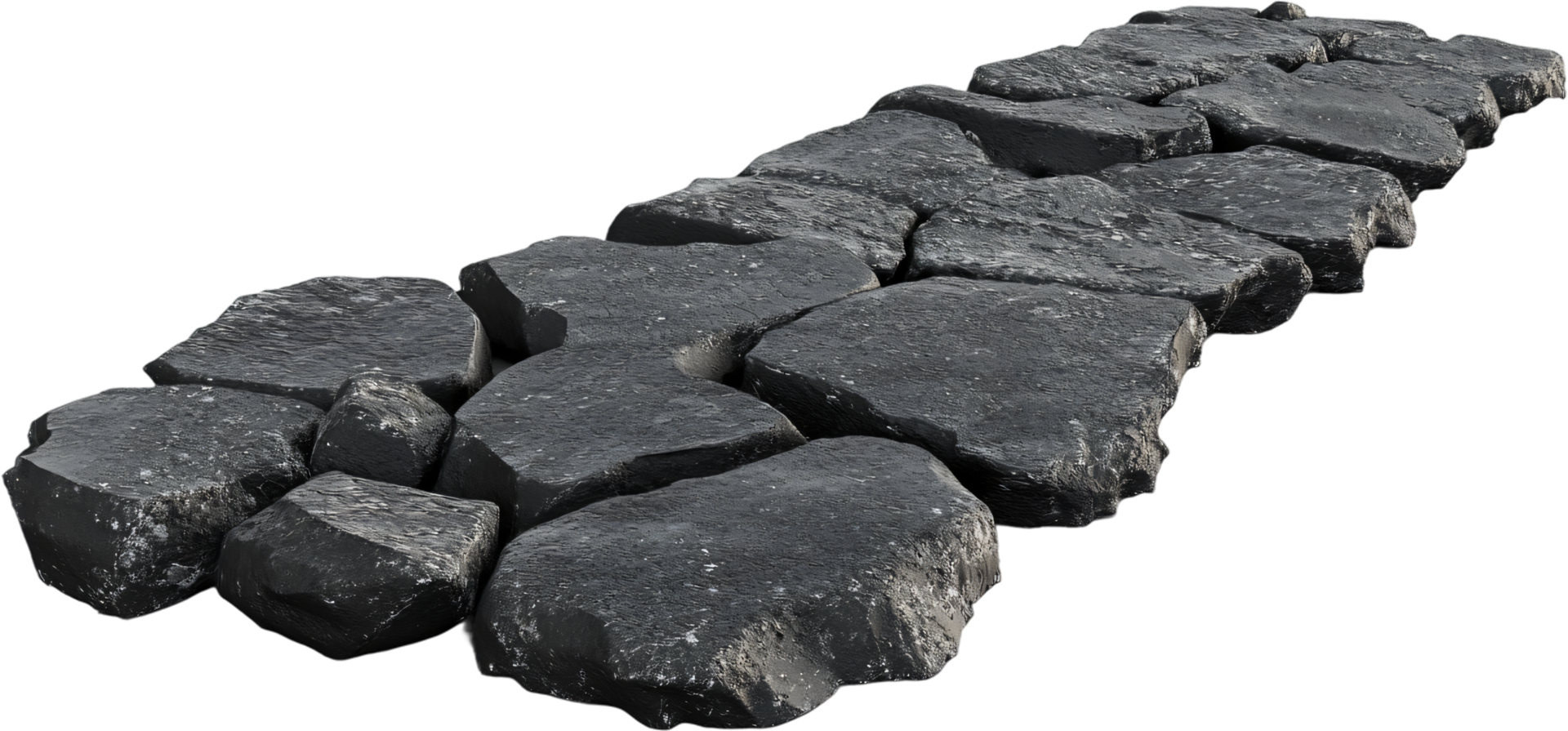 Stone Pathway, Irregular dark gray rocks forming a rough pathway against a solid black background for a natural, rustic aesthetic. png