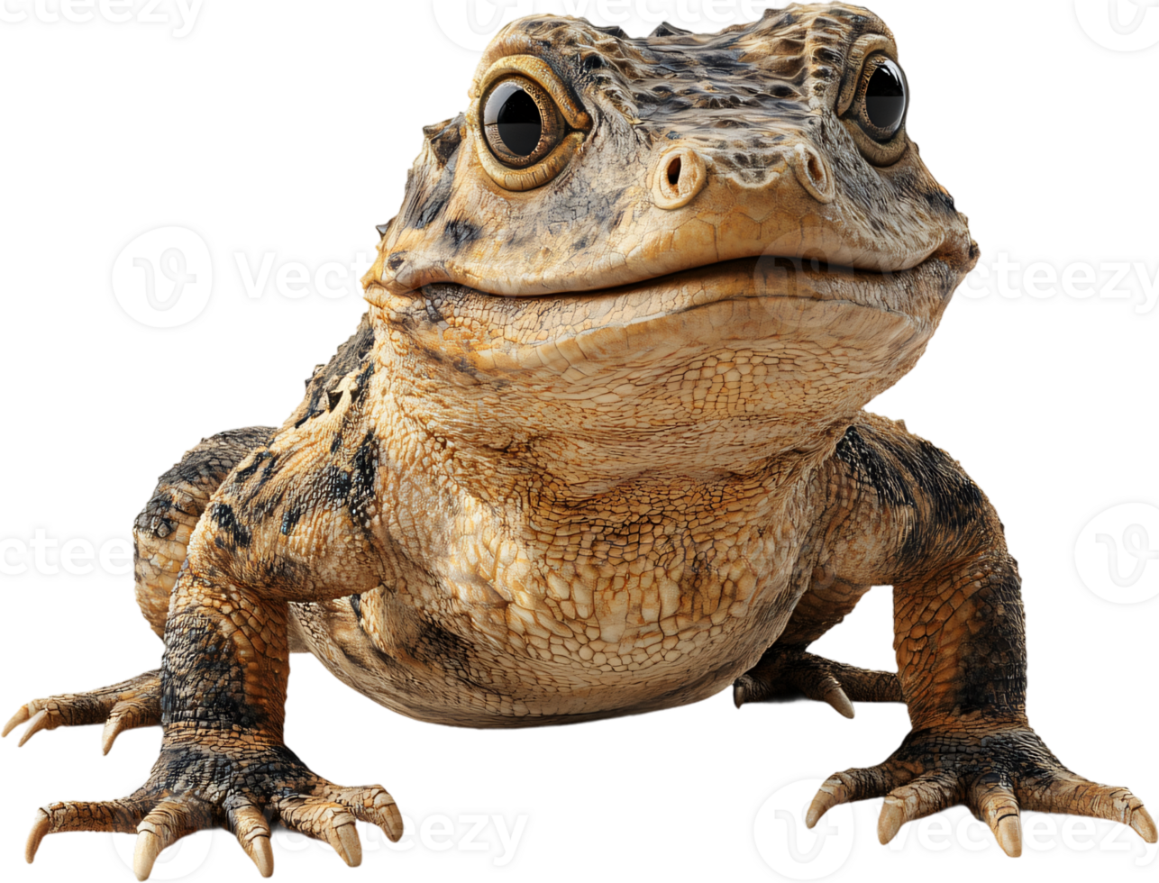 A detailed full shot of a toad showcases its textured skin, large eyes, and sturdy build against a dark background. Great for nature lovers. png