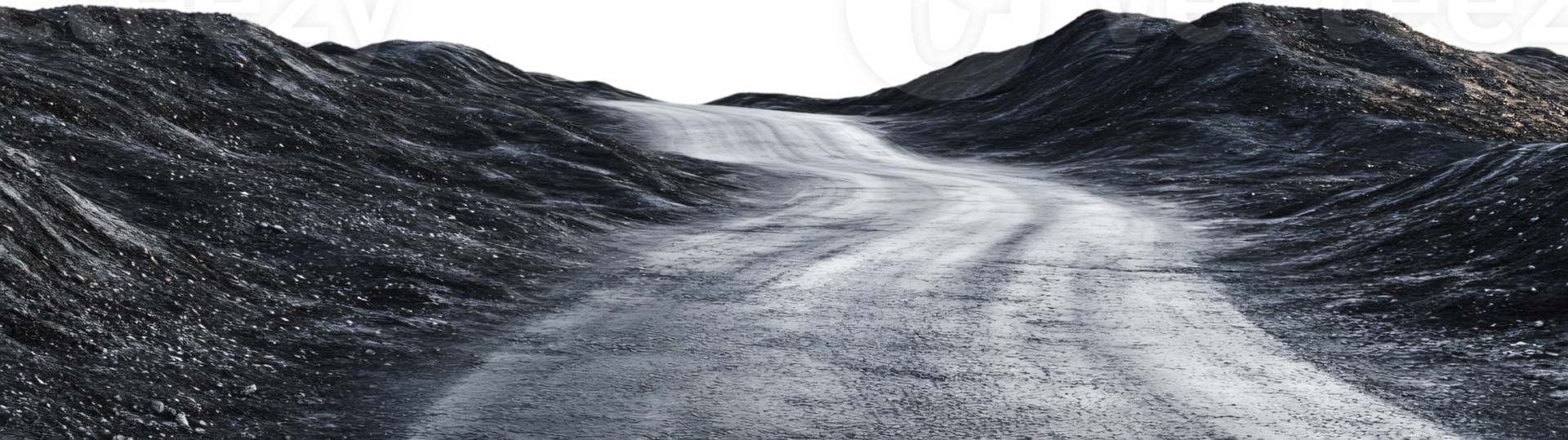Winding road through a rugged landscape, emphasizing the contrast between the dark hills and the light grey road that leads into the unknown. png