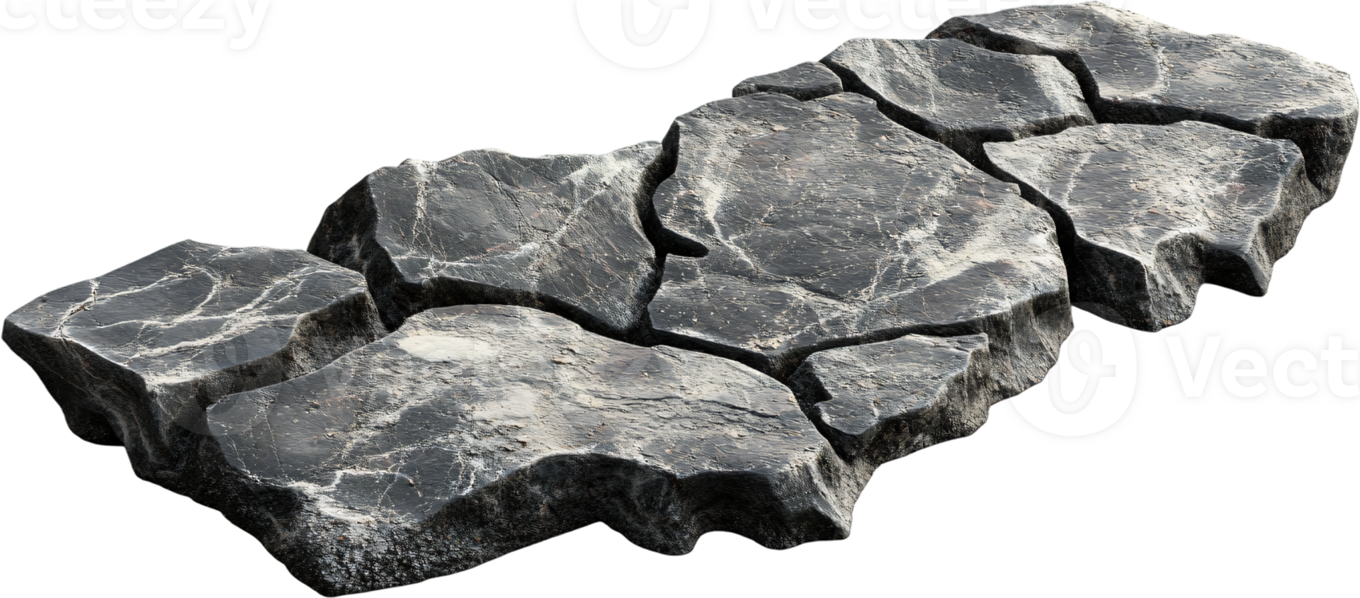 Uneven dark grey rock pieces separated by cracks. The rock platform appears elevated against a stark black background. png
