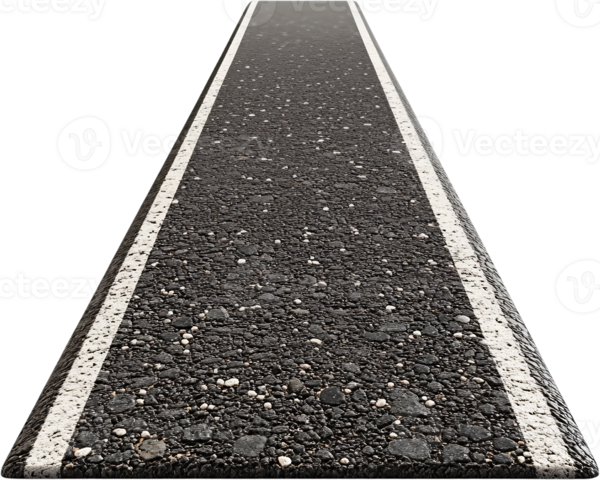Perspective view of an asphalt road with a single white line marking one of the edges, disappearing into the distance against a black background. png