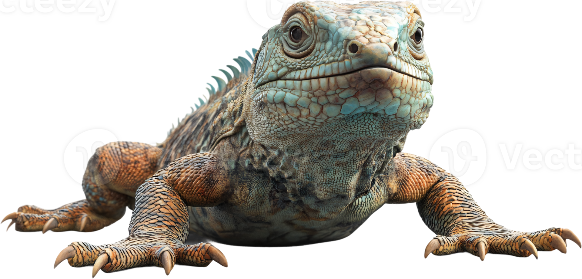 A vibrant close-up reveals the intricate details of an iguana. Its textured skin displays shades of green, brown, and orange hues. png