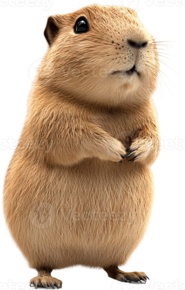A charming creature stands, gazing upwards with adorable innocence. Its fur gleams, reflecting the light, as it holds its paws gently. png