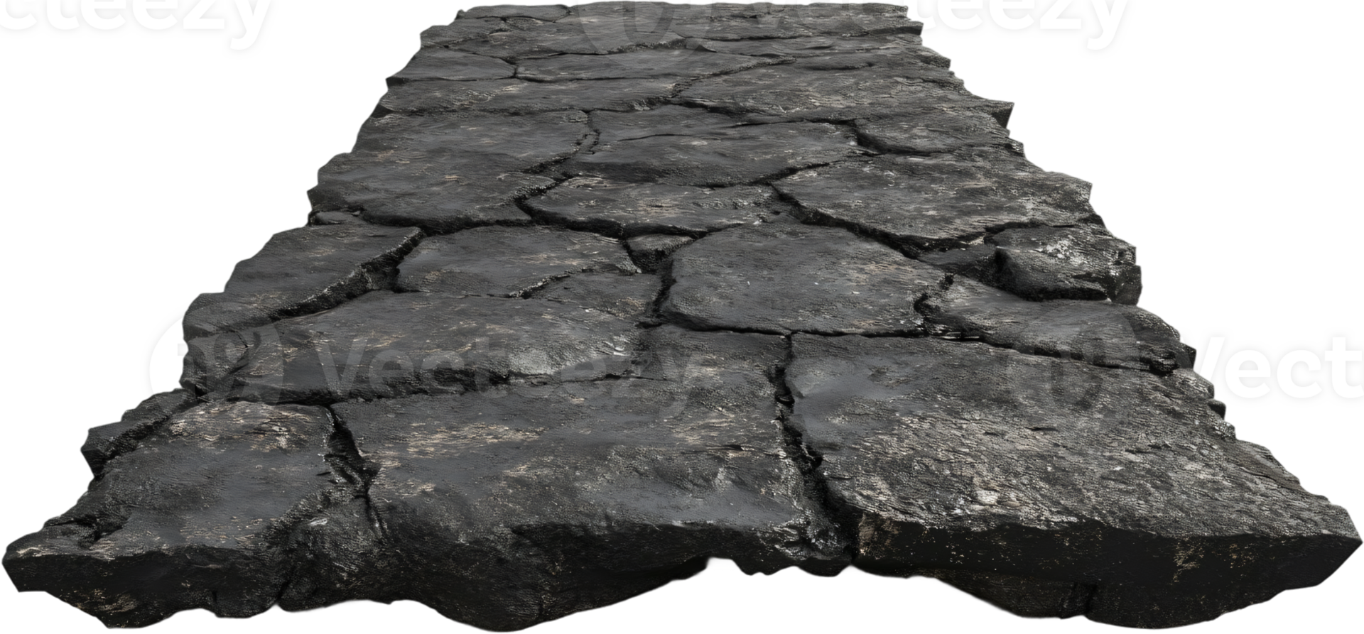 A dark stone pathway stretches forward with cracks dividing the irregularly shaped stones, isolated against a black backdrop creating an interesting sight. png