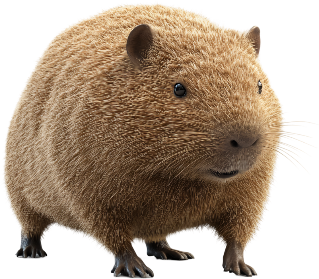 A charming capybara standing, showcasing its dense fur. The creature's serene eyes and posture exude a gentle presence. The animal has a calm demeanor. png