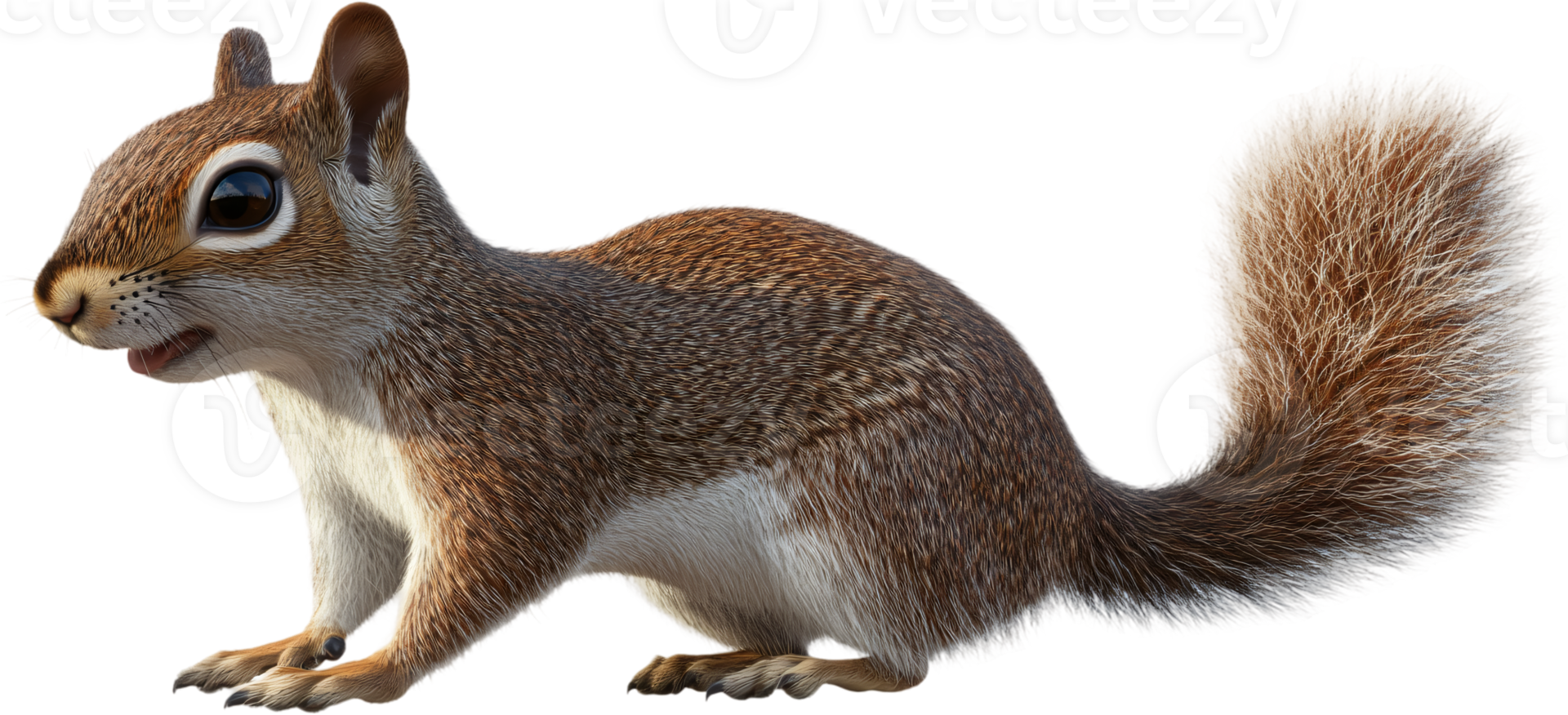 A squirrel with reddish-brown and white fur stands alert, its bushy tail curved upwards, ready to scamper away at any moment. png