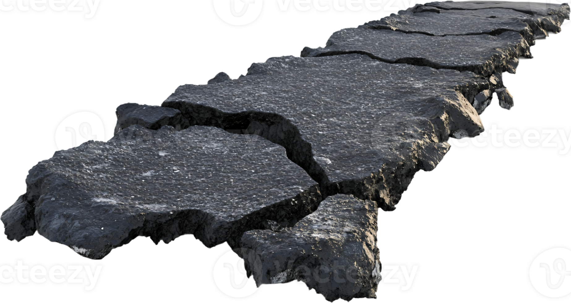 Section of damaged black asphalt road, broken and jagged edges, isolated against a black background, showing significant deterioration. png