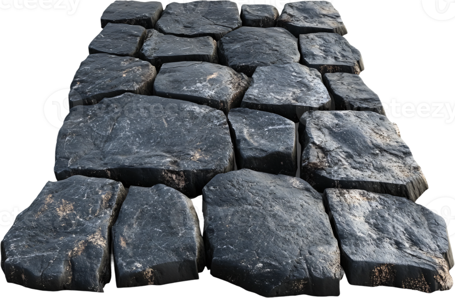 A dark, textured pathway of large, irregularly shaped stones laid closely together, creating a rugged and natural surface. png