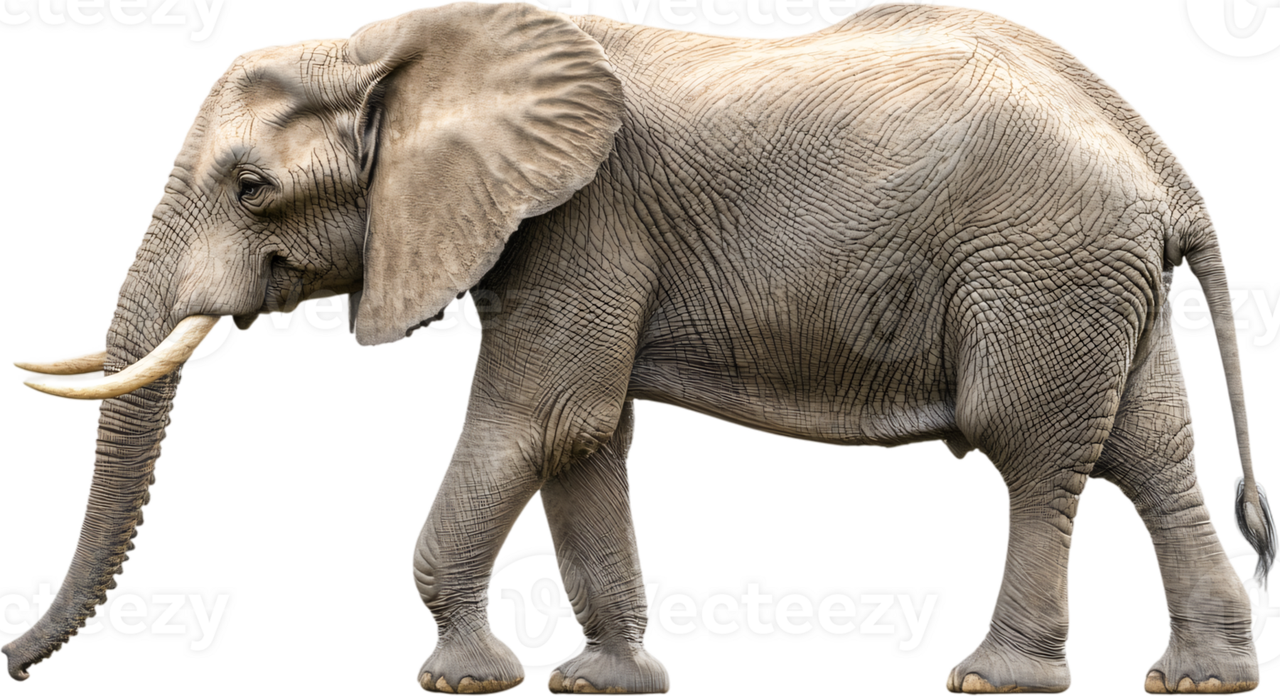 A majestic elephant captured in profile showcasing its wrinkled skin, large ears, and impressive tusks in crisp detail on a plain backdrop. png
