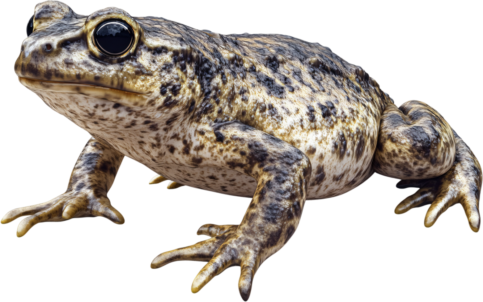 A speckled toad stands out with its mottled skin, large eyes, and webbed feet, bringing a touch of nature into focus. png