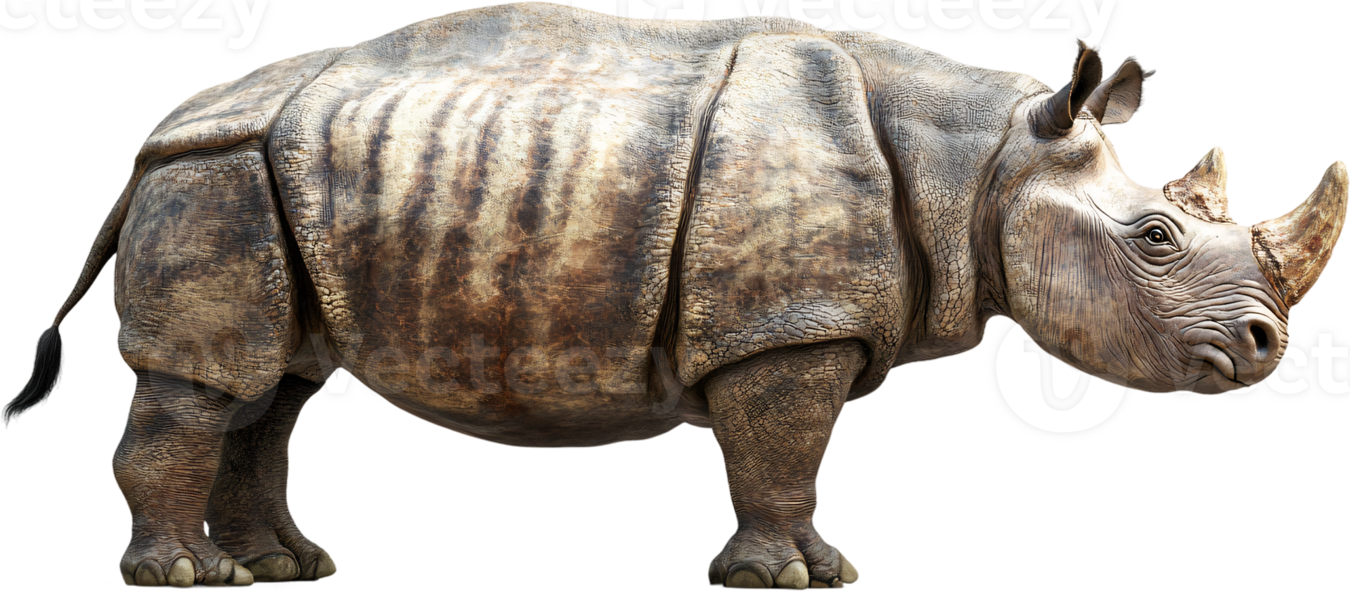 A large, grey rhinoceros stands powerfully, showcasing its thick skin and prominent horns, symbolizing the strength and resilience of wildlife. png