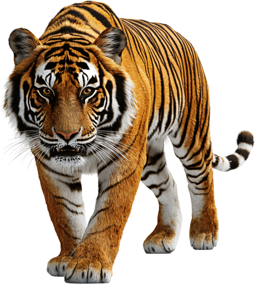 Tiger, Powerful predator with orange and black stripes, captured in a full-body shot, showcasing its majestic stance and fierce gaze. png