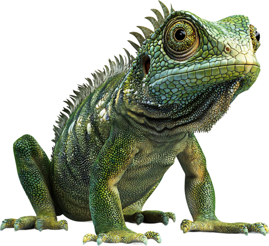 Detailed lizard portrait featuring a green scaly texture. A reptile posing confidently against a neutral backdrop. png