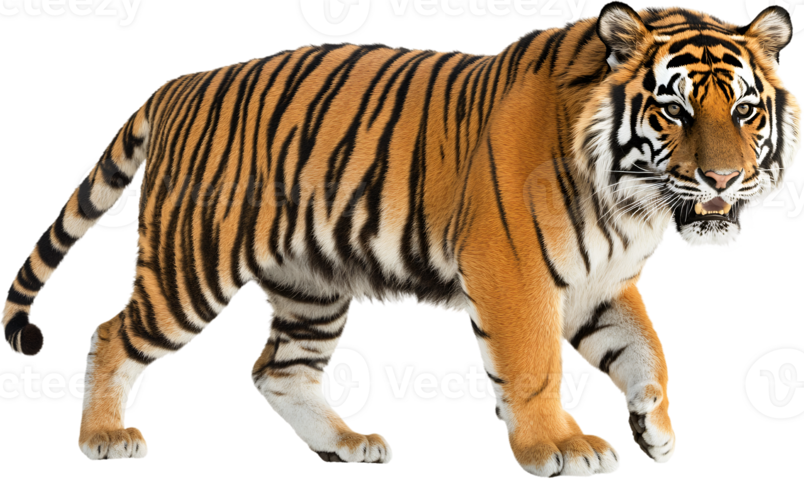 Striking Bengal tiger stands in profile, showcasing orange fur with black stripes, embodying strength and majestic animal characteristics. png