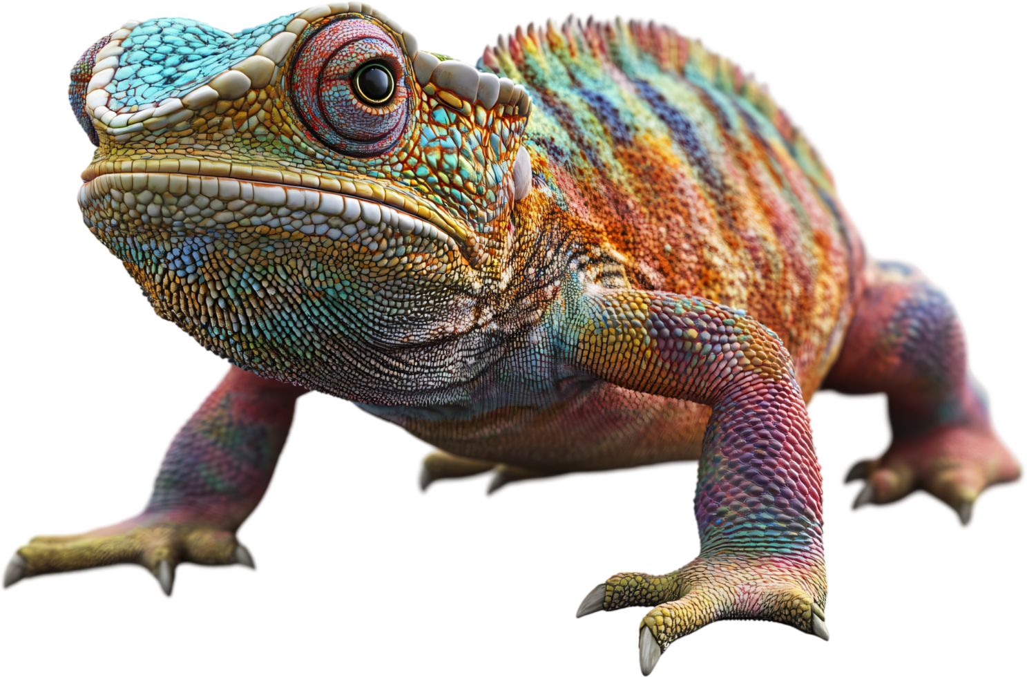 Close-up of a vibrant chameleon with striking colors and intricate skin patterns, showcasing its natural camouflage and unique features. png