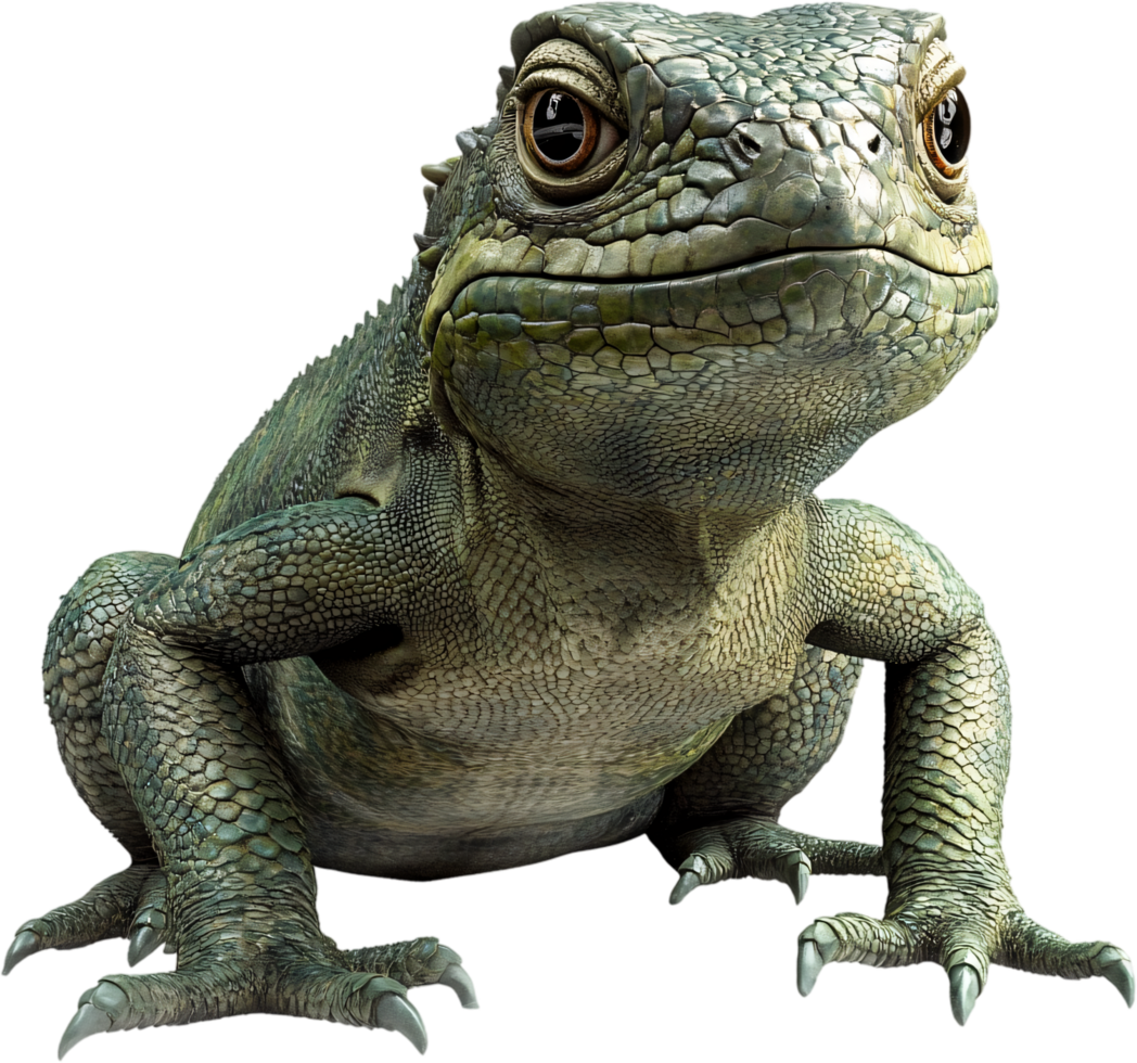 Detailed reptile portrait of a green, textured iguana. Its small claws and glossy eyes capture its unique animal characteristics. png