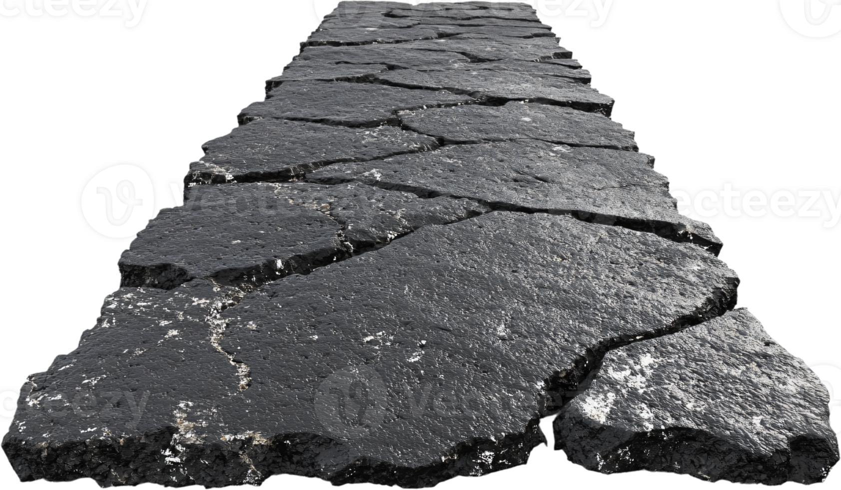 Fragmented asphalt pathway. This surface is heavily fractured. Showing road damage. Leading towards an unknown destination. png