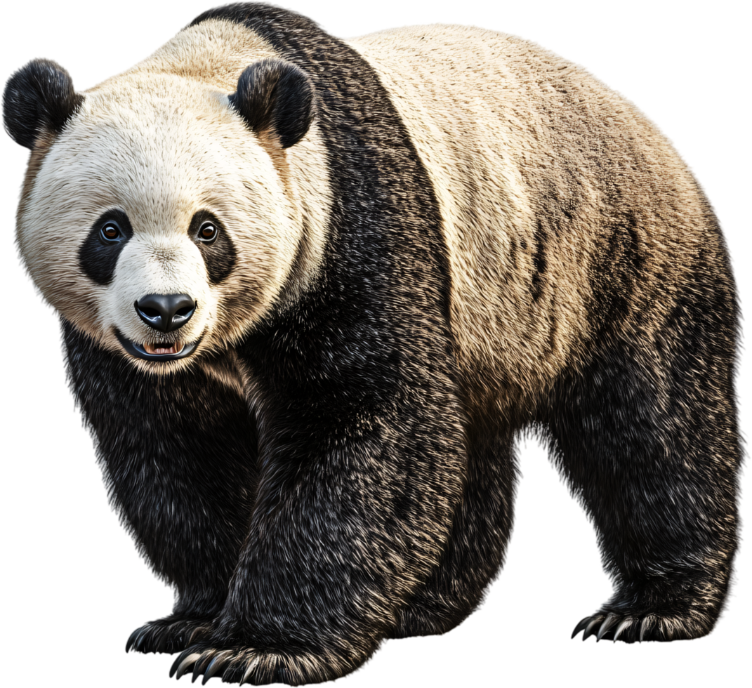 Majestic panda bear standing upright. The animal is facing forward, with its distinctive black and white fur clearly displayed. png
